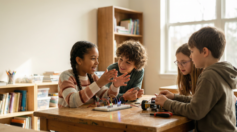 Four diverse kids collaborating on a robotics project at a table, engaged and smiling