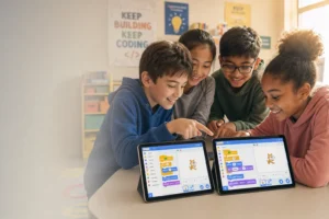 Students coding Scratch at Love to Code Academy