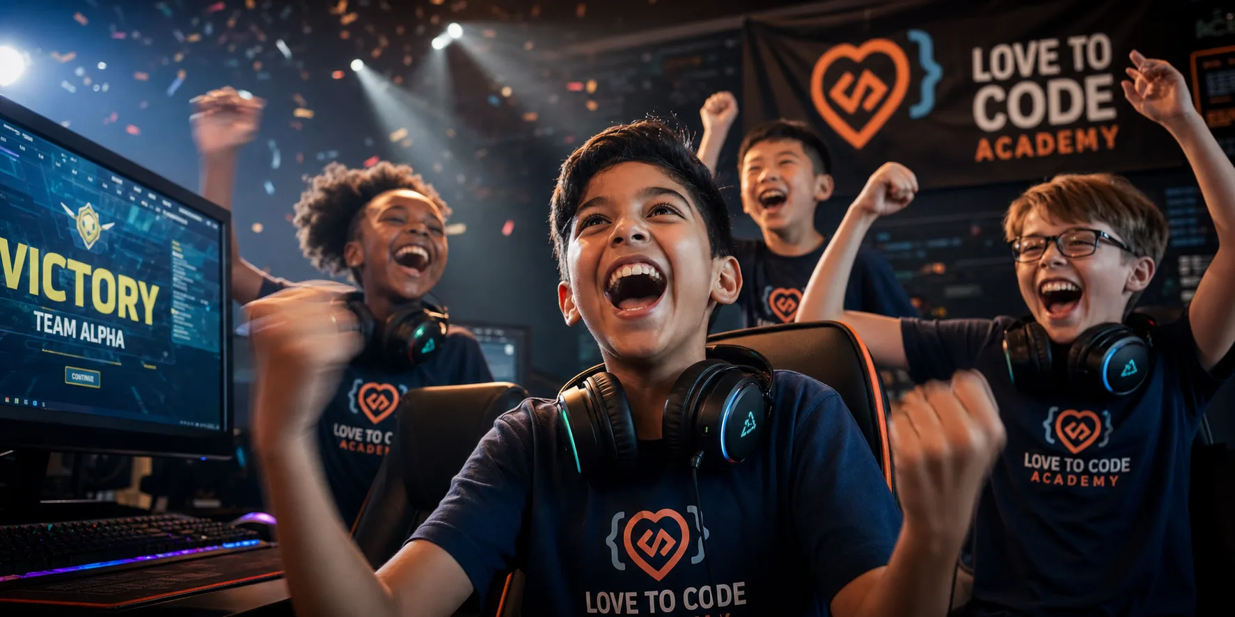Students celebrating an esports victory at Love to Code Academy