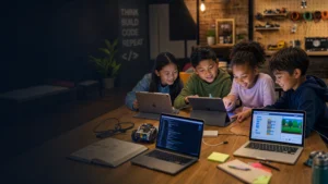 Students thinking, building, and coding at Love to Code Academy