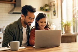 Dad and daughter learning on a laptop at home