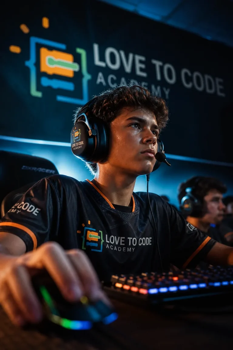 Teen focused during esports competition at Love to Code Academy