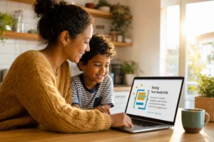 Mom and son learning on a laptop at home