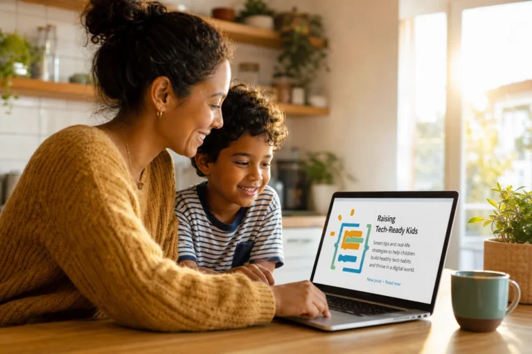 Mom and son learning on a laptop at home