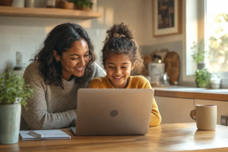 Mom and daughter using a laptop at home