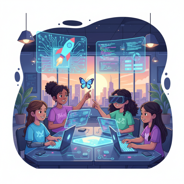 Girls collaborating and building confidence in a coding class