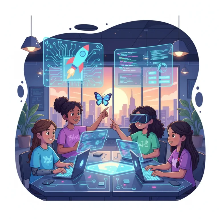 Girls collaborating and building confidence in a coding class