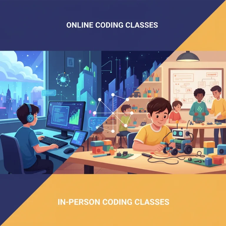 Child comparing online and in-person coding classes