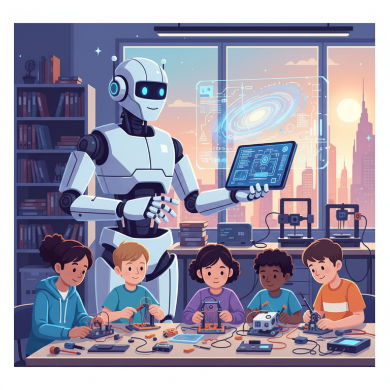 Kids building and programming a robot in a robotics class