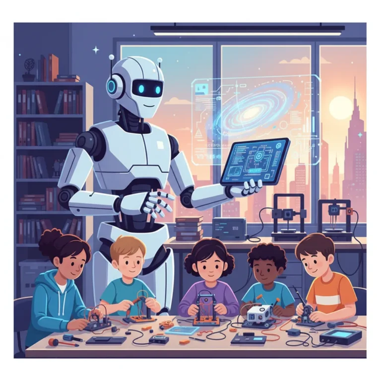 Kids building and programming a robot in a robotics class