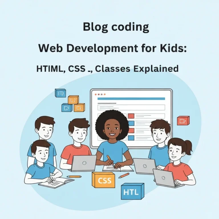 Kid building a web page with HTML, CSS, and JavaScript